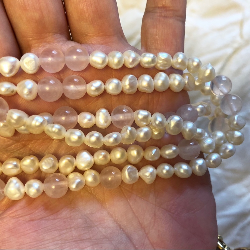 Stunning freshwater pearls rose quarts lariat - Picture 2 of 8